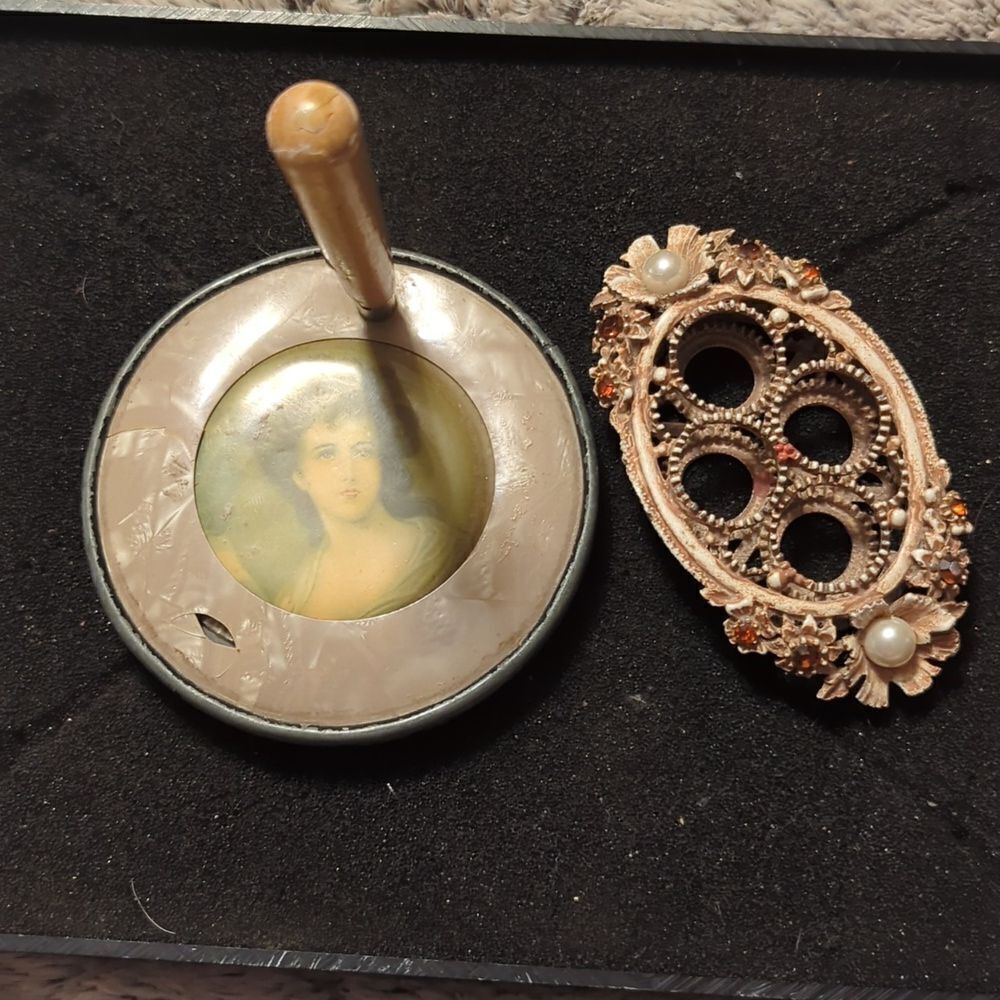 Vtg 50s FLORENZA Rhinestone & Pearl Adorned Lipstick Holder, Vanity MakeUp Glass